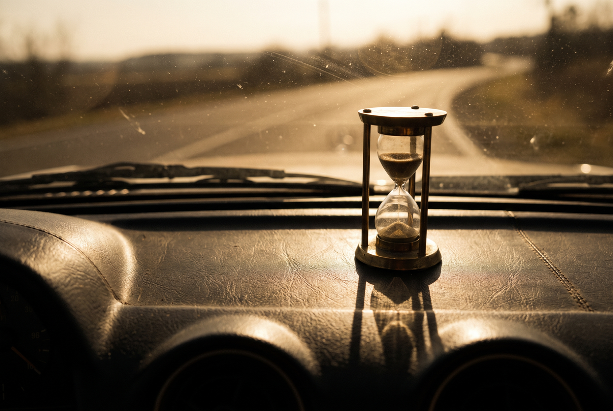 Sanduhr auf dem Armaturenbrett eines Autos im Abendlicht